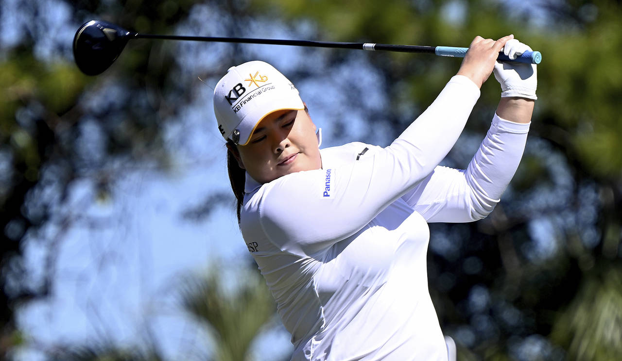 Inbee Park, of South Korea, tees off on the first hole at the LPGA Drive On Championship golf tourn...