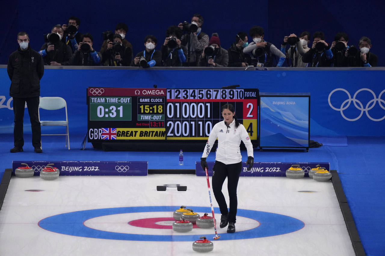 Britain's Eve Muirhead competes during the women's curling final match between Japan and Britain at...