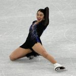 
              Karen Chen, of the United States, competes in the women's short program team figure skating competition at the 2022 Winter Olympics, Sunday, Feb. 6, 2022, in Beijing. (AP Photo/David J. Phillip)
            