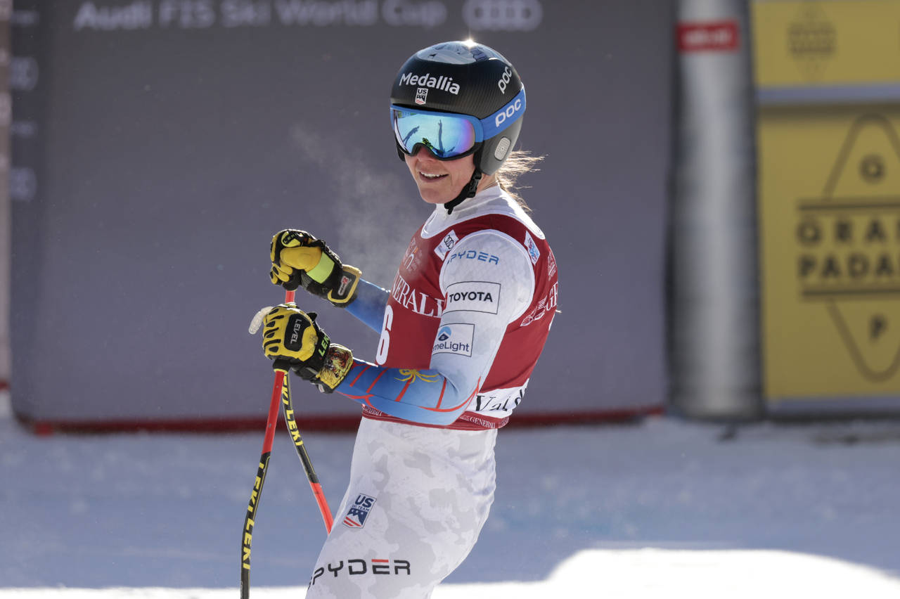 FILE - United States' Breezy Johnson smiles at finish area during an alpine ski, women's World Cup ...
