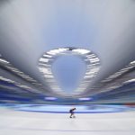 
              An athlete from the Netherlands skates during a speed skating practice session ahead of the 2022 Winter Olympics, Feb. 3, 2022, in Beijing. (AP Photo/Ashley Landis)
            
