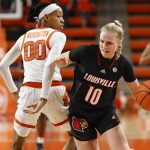 
              Louisville guard Hailey Van Lith (10) drives past Clemson guard Delicia Washington (00) in the second quarter of an NCAA college basketball game in Clemson, N.C., Thursday, Feb. 3, 2022. (AP Photo/Nell Redmond)
            