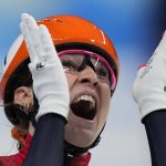 
              Suzanne Schulting of the Netherlands, reacts after winning the final of the women's 1000-meters during the short track speedskating competition at the 2022 Winter Olympics, Friday, Feb. 11, 2022, in Beijing. (AP Photo/David J. Phillip)
            