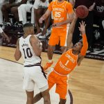
              Tennessee guard Kennedy Chandler (1) reaches for a rebound as Mississippi State forward Garrison Brooks (10) pulls back during the first half of an NCAA college basketball game in Starkville, Miss., Wednesday, Feb. 9, 2022. (AP Photo/Rogelio V. Solis)
            