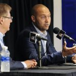 
              FILE - Miami Marlins owner Bruce Sherman, left, and CEO Derek Jeter speaks during a press conference in Miami, Fla., Tuesday, Oct. 3, 2017. Jeter announced a surprise departure from the Miami Marlins on Monday, Feb. 28, 2022. (Taimy Alvarez/South Florida Sun-Sentinel via AP, File)\
            