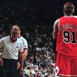 
              FILE - Referee Hugh Evans, left, sends Chicago Bulls' Dennis Rodman to the bench after Rodman attempted to listen in on a referees' conference after a scuffle near the Bulls' bench during the fourth quarter against the Indiana Pacers in Game 4 of NBA basketball's Eastern Conference finals in Indianapolis on May 25, 1998. Evans is among this year's group of finalists for induction into the Naismith Memorial Basketball Hall of Fame.(AP Photo/Michael Conroy, File)
            