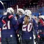 
              United States' Hilary Knight (21) is congratulated after scoring a goal against Russian Olympic Committee during a preliminary round women's hockey game at the 2022 Winter Olympics, Saturday, Feb. 5, 2022, in Beijing. (AP Photo/Petr David Josek)
            