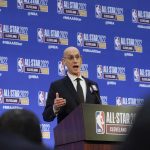 
              NBA Commissioner Adam Silver speaks at a news conference during NBA All-Star basketball game weekend, Saturday, Feb. 19, 2022, in Cleveland. (AP Photo/Charles Krupa)
            