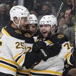 
              Boston Bruins left wing Jake DeBrusk celebrates his goal with defenseman Brandon Carlo, left, and center Patrice Bergeron during the first period of an NHL hockey game against the Los Angeles Kings Monday, Feb. 28, 2022, in Los Angeles. (AP Photo/Mark J. Terrill)
            