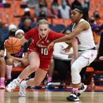 
              Louisville guard Hailey Van Lith, left, drives the base line against Syracuse guard Chrislyn Carr during the first half of an NCAA college basketball game in Syracuse, N.Y., Sunday, Feb. 6, 2022. (AP Photo/Adrian Kraus)
            