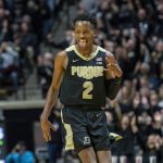 
              Purdue guard Eric Hunter Jr. (2) reacts after scoring a 3-point basket during the second half of an NCAA college basketball game against Illinois, Tuesday, Feb. 8, 2022, in West Lafayette, Ind. (AP Photo/Doug McSchooler)
            