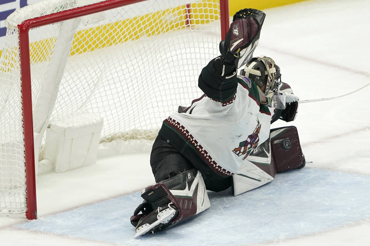 Arizona Coyotes goaltender Karel Vejmelka spreads out to make a stop with his pads during the secon...