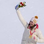 
              Petra Vlhova, of Slovakia, celebrates winning the gold medal in the women's slalom at the 2022 Winter Olympics, Wednesday, Feb. 9, 2022, in the Yanqing district of Beijing.(AP Photo/Pavel Golovkin)
            