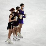 
              From left, silver medalist, Alexandra Trusova, of the Russian Olympic Committee, gold medalist, Anna Shcherbakova, of the Russian Olympic Committee, and bronze medalist, Kaori Sakamoto, of Japan, pose during a venue ceremony after the women's free skate program during the figure skating competition at the 2022 Winter Olympics, Thursday, Feb. 17, 2022, in Beijing. (AP Photo/Natacha Pisarenko)
            