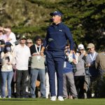
              Jordan Spieth reacts after hitting his tee shot into the bucker on the 17th hole of the Pebble Beach Golf Links during the final round of the AT&T Pebble Beach National Pro-Am golf tournament in Pebble Beach, Calif., Sunday, Feb. 6, 2022. (AP Photo/Tony Avelar)
            