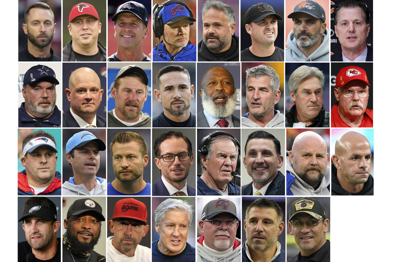 FILE - These are 31 of the 32 NFL football team head coaches as of Feb. 10, 2022. The Minnesota Vik...