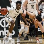 
              Colorado State's Isaiah Stevens (4)  steals the ball from Wyoming's Hunter Maldonado (24) during the first half of an NCAA college basketball game Wednesday, Feb. 23, 2022 in Fort Collins, Colo. (AAron Ontiveroz/The Denver Post via AP)
            