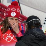 
              Petra Vlhova, of Slovakia, cries after winning the gold medal in the women's slalom at the 2022 Winter Olympics, Wednesday, Feb. 9, 2022, in the Yanqing district of Beijing.(AP Photo/Luca Bruno)
            