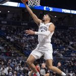 
              Penn State forward Seth Lundy lays up the ball during an NCAA college basketball game against Nebraska, Sunday, Feb. 27, 2022, in State College, Pa. (Noah Riffe/Centre Daily Times via AP)
            