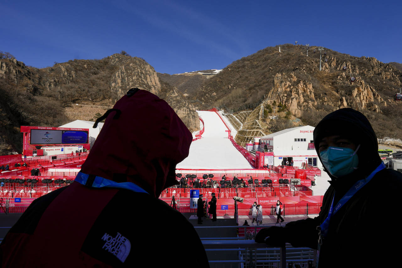 The Alpine skiing track is empty after the men's downhill was cancelled due to weather at the 2022 ...