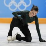 
              Kamila Valieva, of the Russian Olympic Committee, trains at the 2022 Winter Olympics, Monday, Feb. 14, 2022, in Beijing. (AP Photo/Bernat Armangue)
            