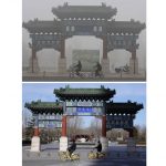 
              FILE - Cyclists ride past a traditional Chinese gateway during a day murky from fog and pollution in Beijing, on Oct. 26, 2007, top, and the same location on Feb. 5, 2022. Beijing’s air still has a long way to go, but is measurably better than past years. (AP Photo/Ng Han Guan, File)
            