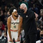 
              San Antonio Spurs guard Derrick White talks with coach Gregg Popovich during the second half of an NBA basketball game against the Houston Rockets, Friday, Feb. 4, 2022, in San Antonio. (AP Photo/Eric Gay)
            