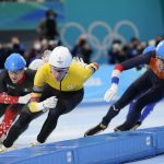 
              Bart Swings of Belgium, center, competes during the men's speedskating mass start finals at the 2022 Winter Olympics, Saturday, Feb. 19, 2022, in Beijing. (AP Photo/Ashley Landis)
            