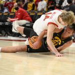 
              Maryland guard Aidan McCool (14) and Iowa guard Payton Sandfort (20) vie for the ball during the second half of an NCAA college basketball game Thursday, Feb. 10, 2022, in College Park, Md. (AP Photo/Nick Wass)
            