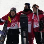 
              From left, silver medalist China's Su Yiming, gold medalist Canada's Max Parrot and bronze medalist Canada's Mark McMorris celebrate after the men's slopestyle finals at the 2022 Winter Olympics, Monday, Feb. 7, 2022, in Zhangjiakou, China. (AP Photo/Francisco Seco)
            