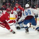 
              Detroit Red Wings right wing Filip Zadina (11) scores on Colorado Avalanche goaltender Pavel Francouz (39) in the second period of an NHL hockey game Wednesday, Feb. 23, 2022, in Detroit. (AP Photo/Paul Sancya)
            