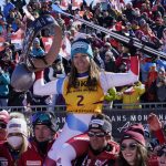
              The winner Switzerland's Priska Nufer, celebrates after an alpine ski, women's World Cup downhill race, in Crans Montana, Switzerland, Sunday, Feb. 27, 2022. (AP Photo/Giovanni Auletta)
            