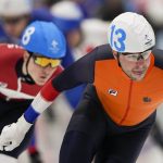 
              Sven Kramer of the Netherlands (13) and other athletes compete during the men's speedskating mass start finals at the 2022 Winter Olympics, Saturday, Feb. 19, 2022, in Beijing. (AP Photo/Sue Ogrocki)
            