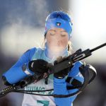 
              Dorothea Wierer of Italy prepares to shoot during the women's 4x6-kilometer relay at the 2022 Winter Olympics, Wednesday, Feb. 16, 2022, in Zhangjiakou, China. (AP Photo/Frank Augstein)
            