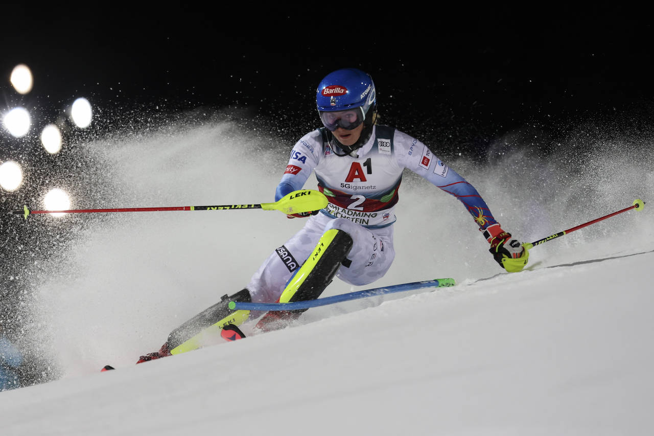 FILE - United States' Mikaela Shiffrin speeds down the course during the first run of an alpine ski...