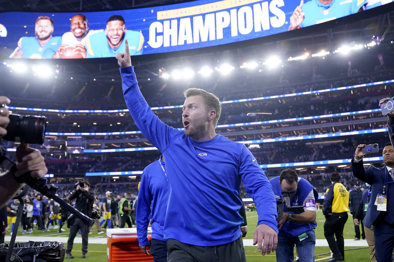 Los Angeles Rams head coach Sean McVay celebrates after the NFC Championship NFL football game agai...