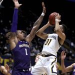 
              California guard Jordan Sheperd (31) is fouled by Washington forward Nate Roberts (1) during the second half of an NCAA college basketball game Thursday, Feb. 3, 2022, in Berkeley, Calif. (AP Photo/Scot Tucker)
            
