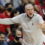 
              Rutgers coach Steve Pikiell gestures during the second half of the team's NCAA college basketball game against Ohio State in Piscataway, N.J. Wednesday, Feb. 9, 2022. Rutgers won 66-64. (AP Photo/Noah K. Murray)
            