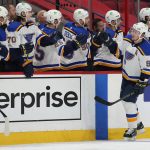 
              St. Louis Blues right wing Vladimir Tarasenko (91) is congratulated for his goal against the Ottawa Senators during the second period of an NHL hockey game Tuesday, Feb. 15, 2022, in Ottawa, Ontario. (Justin Tang/The Canadian Press via AP)
            