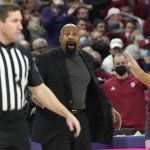 
              Indiana head coach Mike Woodson gets upset at the official after a technical foul was called on an assistant coach during the second half of an NCAA college basketball game against Northwestern Tuesday, Feb. 8, 2022, in Evanston, Ill. Northwestern won 59-51. (AP Photo/Charles Rex Arbogast)
            