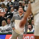 
              Colorado State coach Niko Medved shouts during the first half of the team's NCAA college basketball game against Wyoming on Wednesday, Feb. 23, 2022, in Fort Collins, Colo. (AAron Ontiveroz/The Denver Post via AP)
            