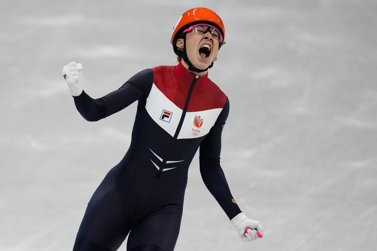 Suzanne Schulting of the Netherlands, reacts after winning the final of the women's 1000-meters dur...