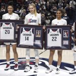 
              From the left, Connecticut head coach Geno Auriemma, left, stands with seniors Olivia Nelson-Ododa, Dorka Juhász, Evina Westbrook and Christyn Williams during senior day ceremonies beforenan NCAA college basketball game, Sunday, Feb. 27, 2022, in Storrs, Conn. (AP Photo/Jessica Hill)
            