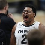 
              Colorado forward Evan Battey yells during a timeout in the first half of the team's NCAA college basketball game against Oregon State on Saturday, Feb. 5, 2022, in Boulder, Colo. (AP Photo/David Zalubowski)
            