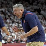 
              Auburn coach Bruce Pearl reacts after a charging fouled was called in favor of Arkansas during overtime in an NCAA college basketball game Tuesday, Feb. 8, 2022, in Fayetteville, Ark. (AP Photo/Michael Woods)
            