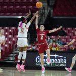 
              Maryland guard Shyanne Sellers (0) shoots against Wisconsin guard Katie Nelson (2) during the first half of an NCAA college basketball game, Wednesday, Feb. 9, 2022, in College Park, Md. Maryland won 70-43. (AP Photo/Julio Cortez)
            