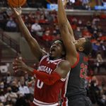 
              Indiana's Xavier Johnson, left, shoots over Ohio State's Zed Key during the first half of an NCAA college basketball game Monday, Feb. 21, 2022, in Columbus, Ohio. (AP Photo/Jay LaPrete)
            