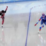 
              Natalia Voronina of the Russian Olympic Committee, right, competes against Valerie Maltais of Canada during the women's speedskating 3,000-meter race at the 2022 Winter Olympics, Saturday, Feb. 5, 2022, in Beijing. (AP Photo/Sue Ogrocki)
            