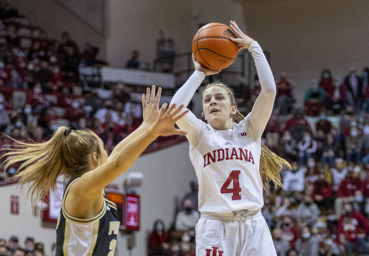 Indiana guard Nicole Cardano-Hillary (4) shoots during the second half of an NCAA college basketbal...