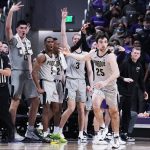 
              Purdue players celebrate after guard Ethan Morton (25) scored a three-point basket during the second half of an NCAA college basketball game against Northwestern in Evanston, Ill., Wednesday, Feb. 16, 2022. Purdue won 70-64. (AP Photo/Nam Y. Huh)
            